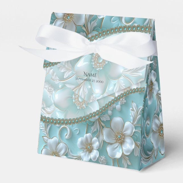 Caixinha De Lembrancinhas Teal White Floral Favor Box (Frente)