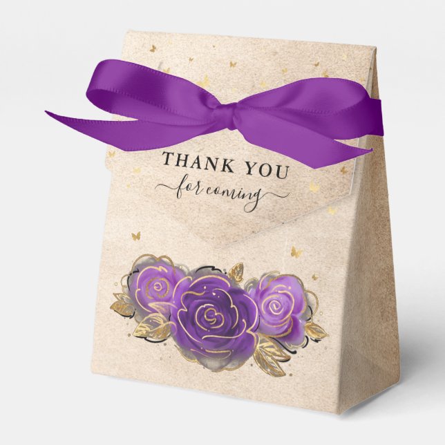 Caixinha De Lembrancinhas Template Gold Crown Purple Rose Thank You Party (Frente)