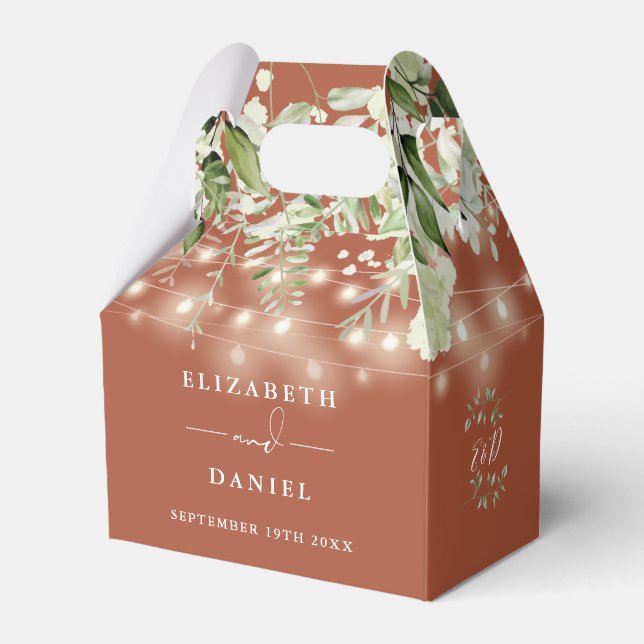 Caixinha De Lembrancinhas Terracotta Greenery String Luzes Monograma Casamen (Frente)