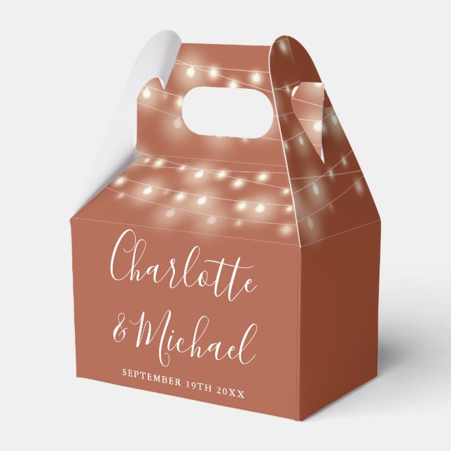 Caixinha De Lembrancinhas Terracotta String Lights Signature Script Wedding (Frente)