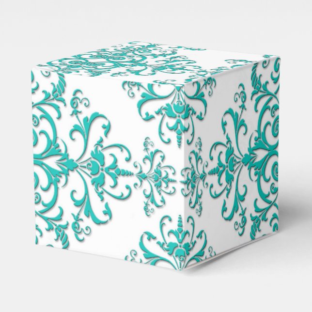 Caixinha De Lembrancinhas Turquesa Aquática e Floral Damask Branco Fancy (Frente)