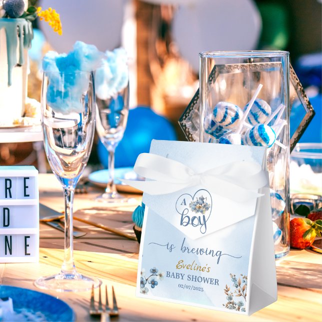 Caixinha De Lembrancinhas Um menino está criando Chá de fraldas de Tea Party (blue teapot filled with pastel florals, charming blueberries, golden branches, eucalyptus sprigs, )