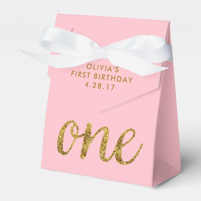 Caixinha De Lembrancinhas Um primeiro aniversario brilhante rosa e Dourado (Frente)