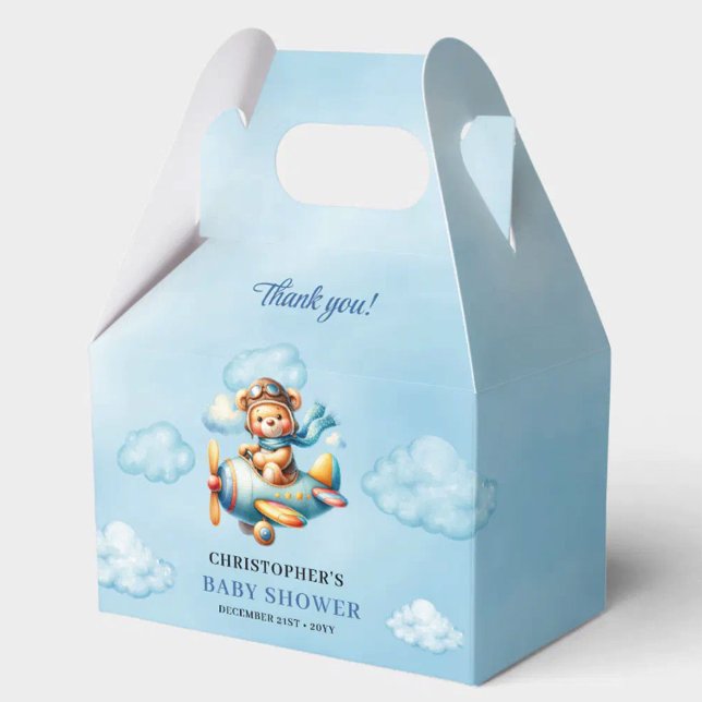 Caixinha De Lembrancinhas Ursa de pelúcia editável Aviador Azul Marrom Menin (Editable Teddy Bear Aviator Blue Brown Boy Shower Favor Box

)