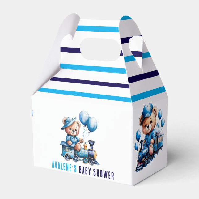 Caixinha De Lembrancinhas Urso de Teddy num Chá de fraldas de Trem Azul (Frente)