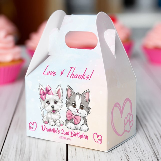 Caixinha De Lembrancinhas Vamos rosado fofinho fofinho fofo e gatinho aniver (Let's pawty pink cute puppy and kitty birthday party personalized printed favor box pets party favor)