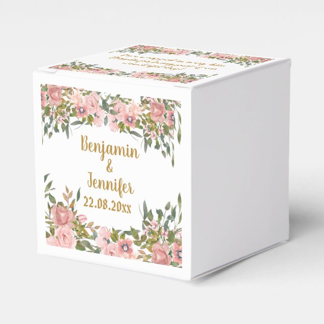 Caixinha De Lembrancinhas Verde-Flor-Rosa-Rosa-Friso e Casamento de Ouro-Gra (Frente)