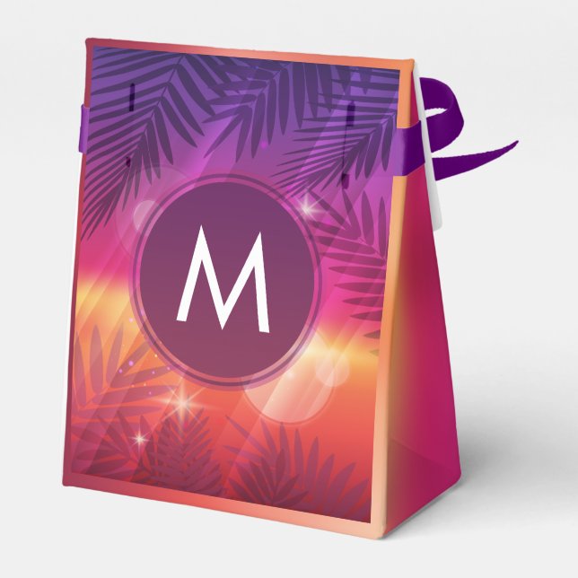 Caixinha De Lembrancinhas Verões Sunset Palm Trees Monograma Laranja Roxo (Verso)