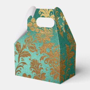 Caixinha De Lembrancinhas Vintage Floral Damasco Teal e Dourado