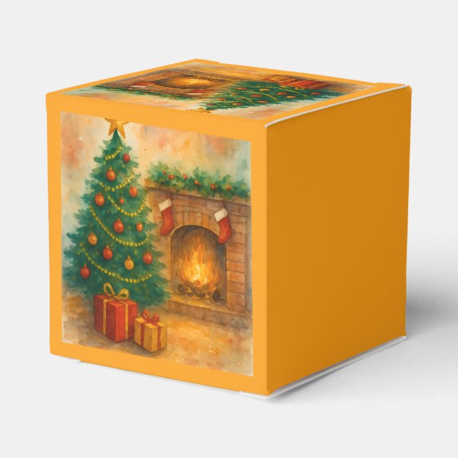 Caixinha De Lembrancinhas Watercolor Christmas Tree & Cozy Fireplace Holiday (Verso)