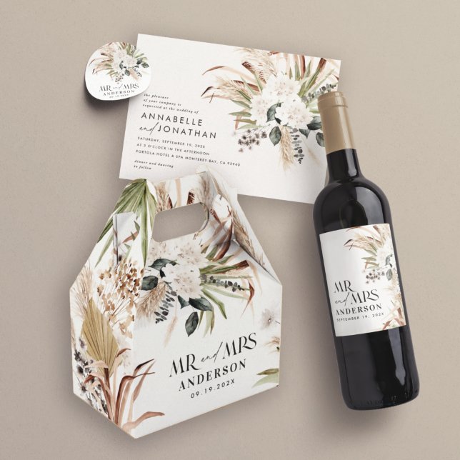 Caixinha De Lembrancinhas Wedding Mr Mrs pampas eucalyptus modern boho party (Criador carregado)