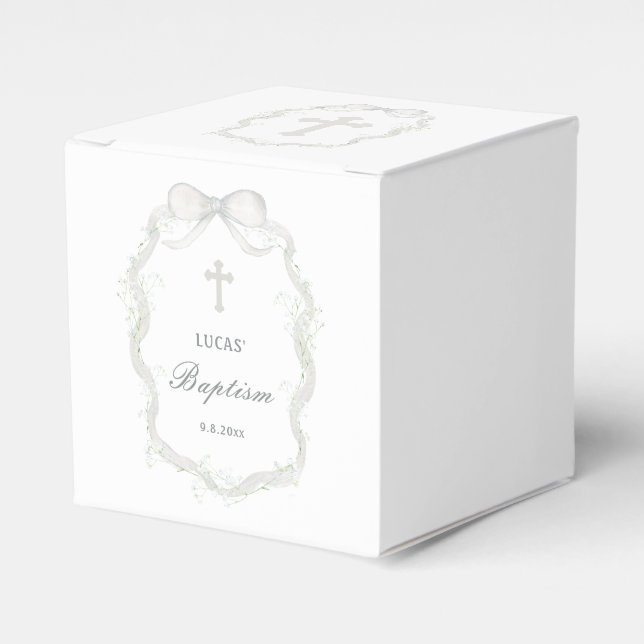 Caixinha De Lembrancinhas White Ribbon Baby's Breath Baptism Cube (Frente)