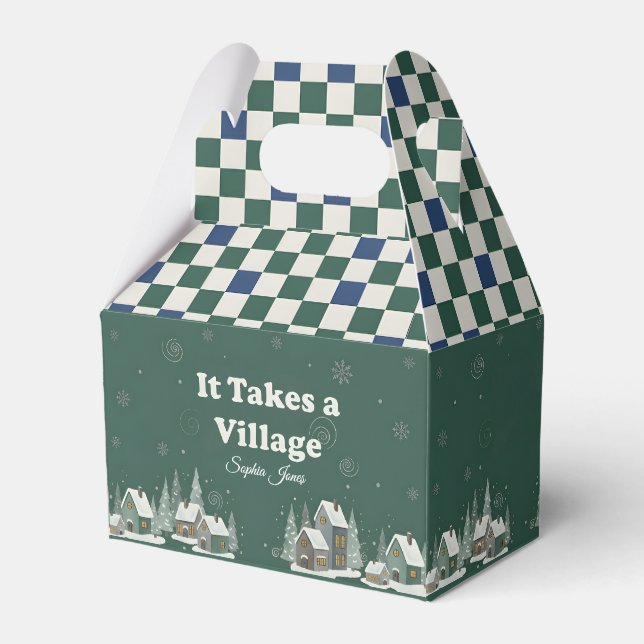 Caixinha De Lembrancinhas Winter Checkered  "It Takes a Village" baby shower (Frente)