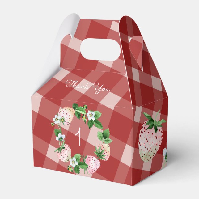Caixinha De Lembrancinhas Xadrez de morango Festa de aniversário rosa Fruta  (Frente)