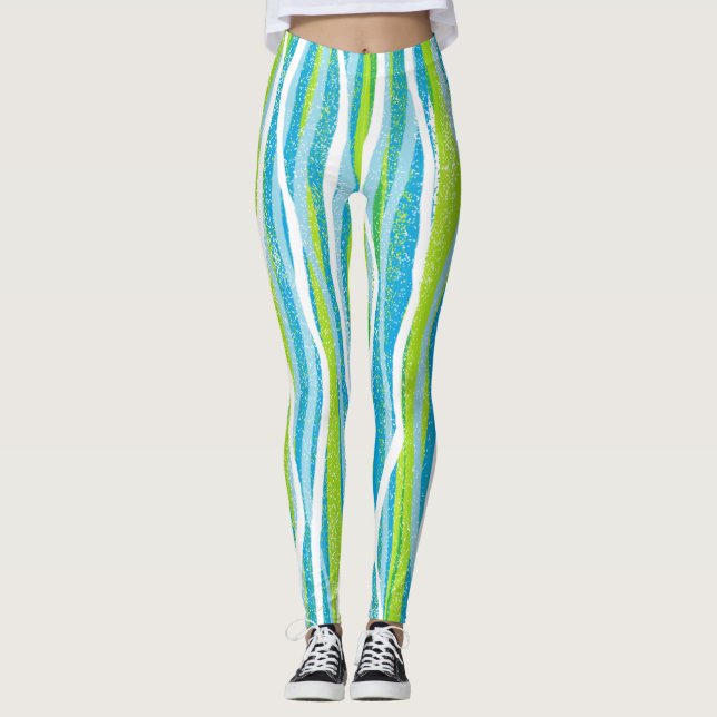 Calça Legging Listrada Azul Verde Branco de Qualid (Frente)