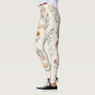 Calças Leggings Boho Neutras Chuva Botânica Terra