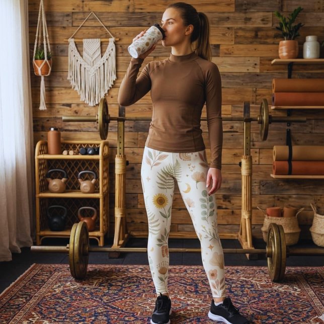 Calças Leggings Boho Neutras Chuva Botânica Terra (Boho Floral Sports Leggings | Botanical High Waisted Yoga Fitness Pants)