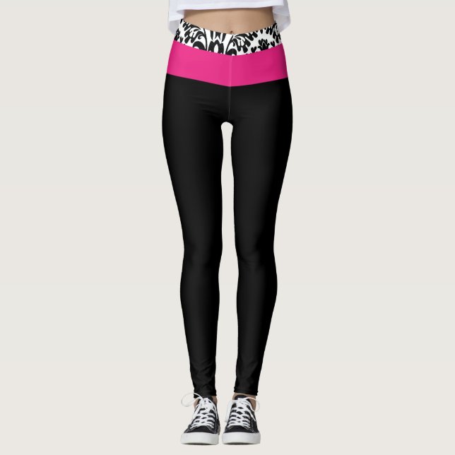 Calças Leggings Rosa Quente Preto e Branco Damask  (Frente)