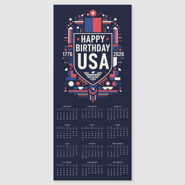 Calendar 2026 Happy Birthday USA 250 Magnetic Card (Frente)