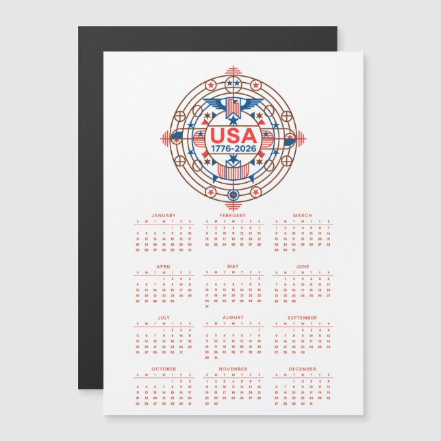 Calendar 2026 Happy Birthday USA 250 Magnetic Card (Frente/Verso)