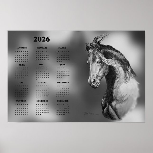 Calendar, Yearly Beautiful Stallion Horse Poster (Frente)