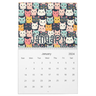 Calendário 12 Designs de Padrões sem costura para gatos branc