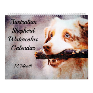 Calendário 12 Meses de Aquarela de Pastores Australianos