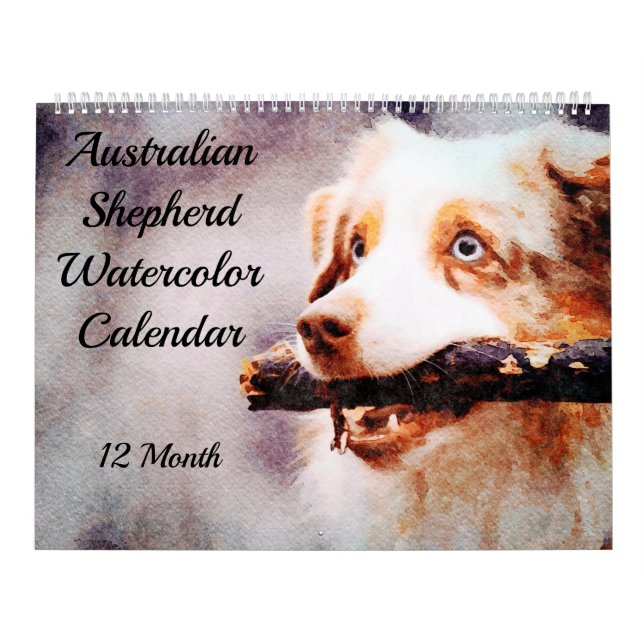 Calendário 12 Meses de Aquarela de Pastores Australianos (Capa)