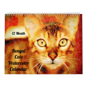 Calendário 12 Meses Garganta De Bengala Cats Aquarela