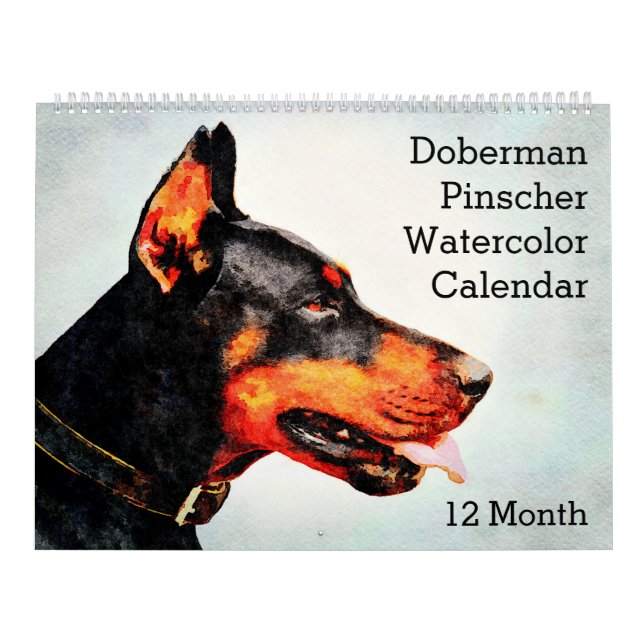 Calendário 12 Meses Pintura por Aquarela Doberman Pinscher (Capa)