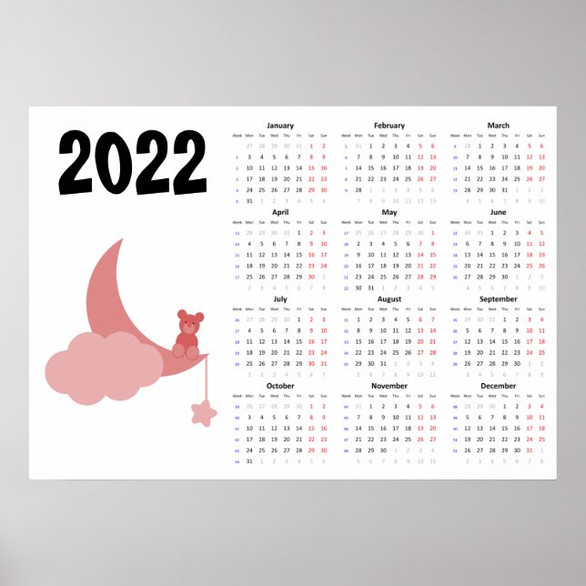 Calendário 2022 do urso de pelúcia - Poster de seg (Frente)