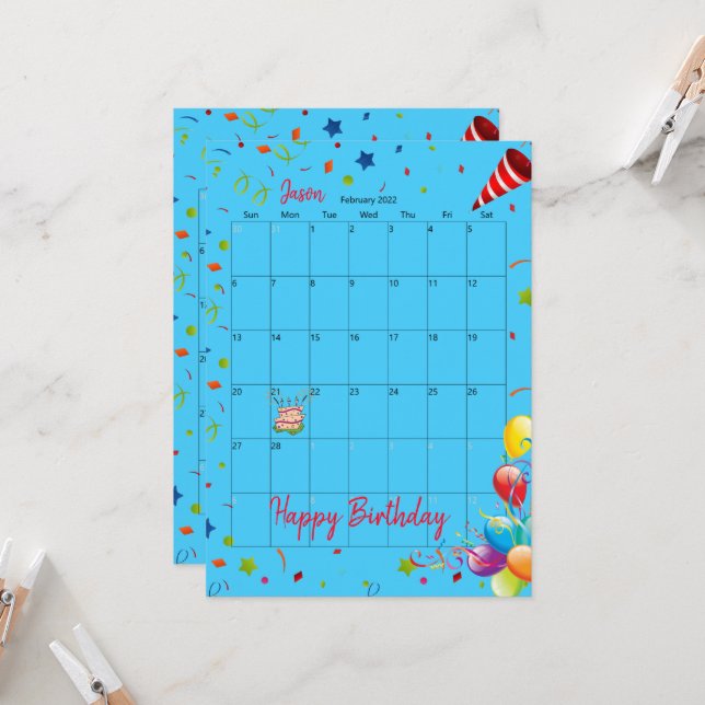 Calendário 2022 Fevereiro Feliz Convite de Anivers (Frente/Verso In Situ)