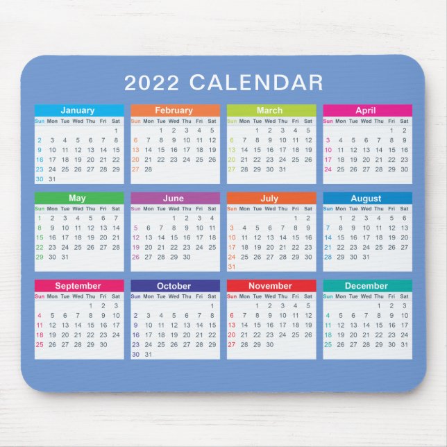 Calendário 2022 Simples e Colorido | Mousepad (Frente)