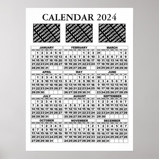 Calendário 2024 Adicionar 3 Fotos Poster Branco 18 (Frente)