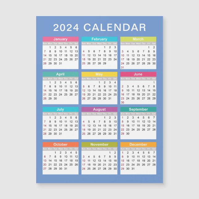 Calendário 2024 bonito e colorido | Cartão magnéti (Frente)