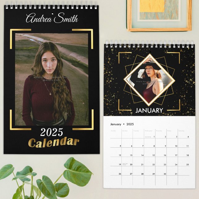 Calendário 2025 Chic Black Dourado Adicionar Fotos Solo Perso (Criador carregado)