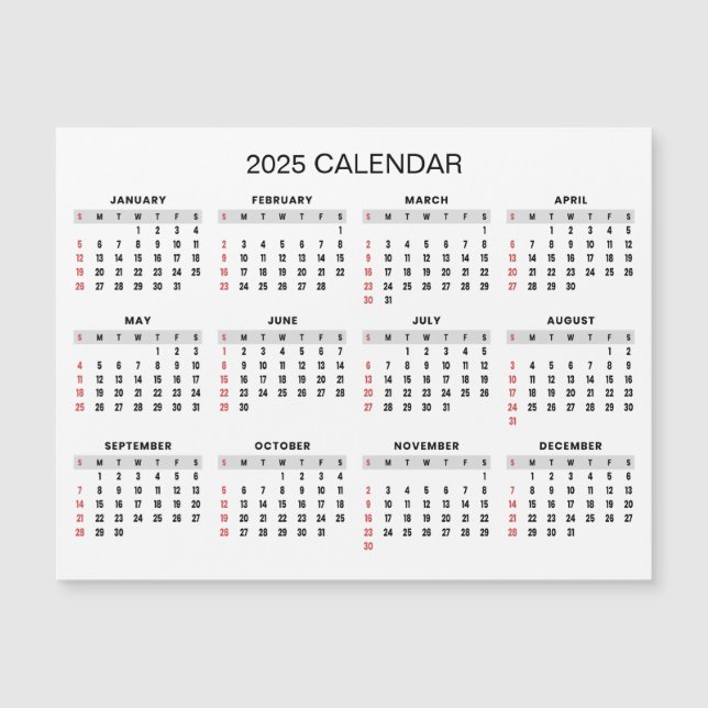 Calendário 2025 Simples E Elegante | Cartão Magnét (Frente)