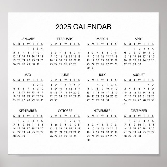 Calendário 2025 Simples E Elegante | Pôster (Frente)
