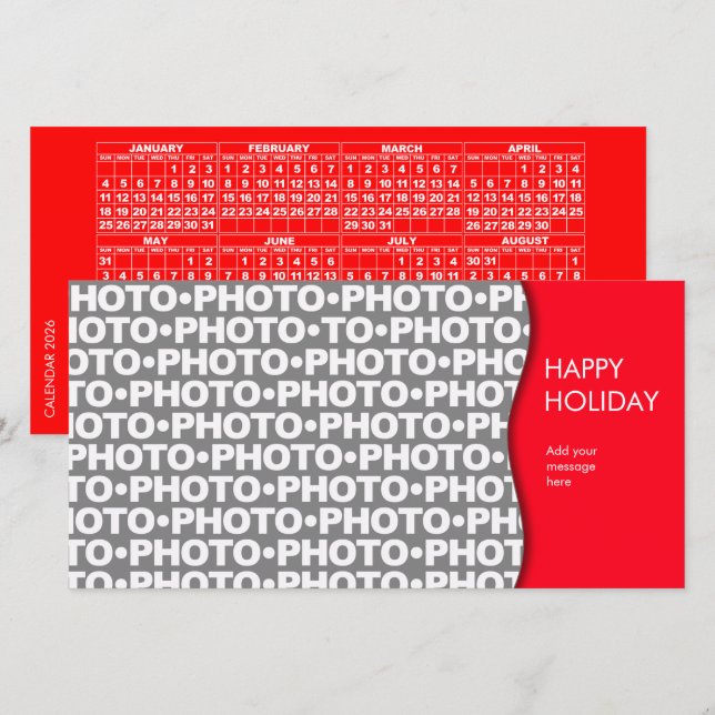 Calendário 2026 Adicionar 1 Cartão Vermelho Fotogr (Frente/Verso)