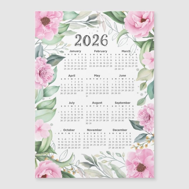 Calendário 2026 Aquarela Eucalyptus Pink Floral (Frente)
