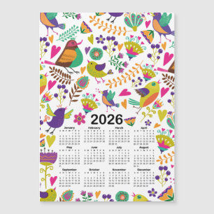 Calendário 2026 Aves e Flores Rosa e Púrpura
