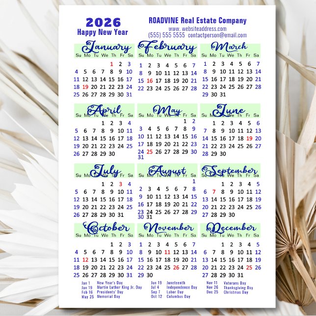 Calendário 2026 Blue Script Simple Business Magnét (Criador carregado)