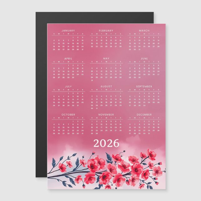 Calendário 2026 com flores (Frente/Verso)