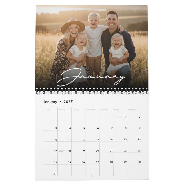 Calendário 2026 Custom Family Photo Modern Elegant Script  (Jan 2027)