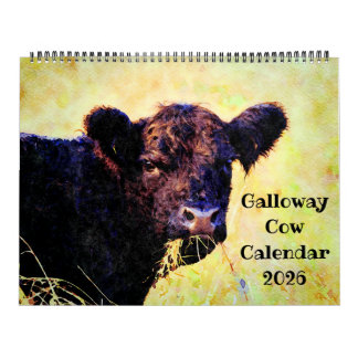 Calendário 2026 Cute Galloway Cow Cattle Watercolour Painting
