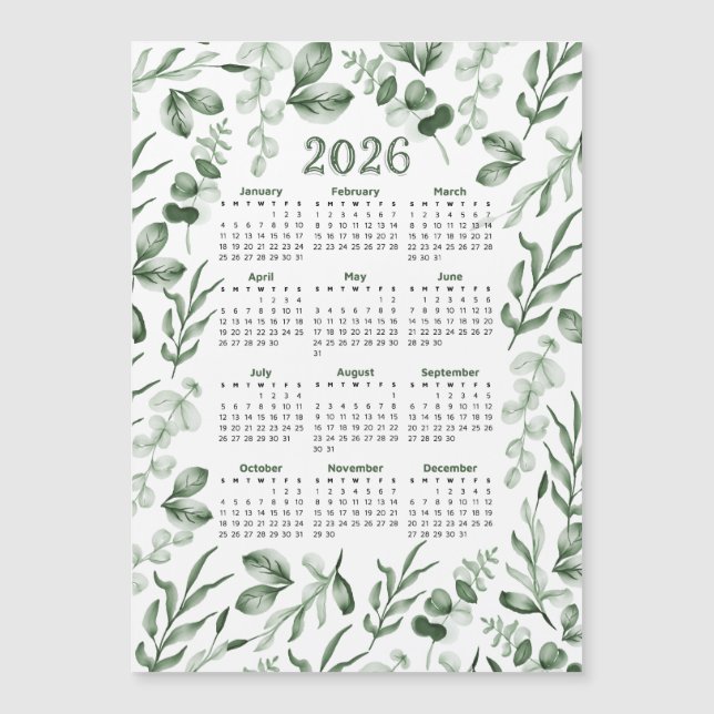Calendário 2026 do Verde de Aquarela (Frente)