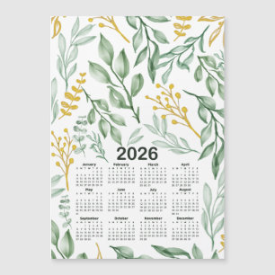 Calendário 2026 Folhas Verdes e Amarelo Ouro