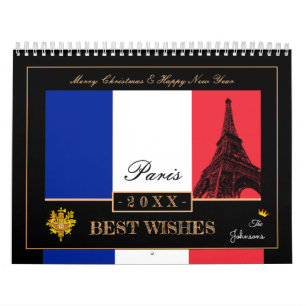 Calendário 2026 French Flag & Eiffel Feliz ano novo, França