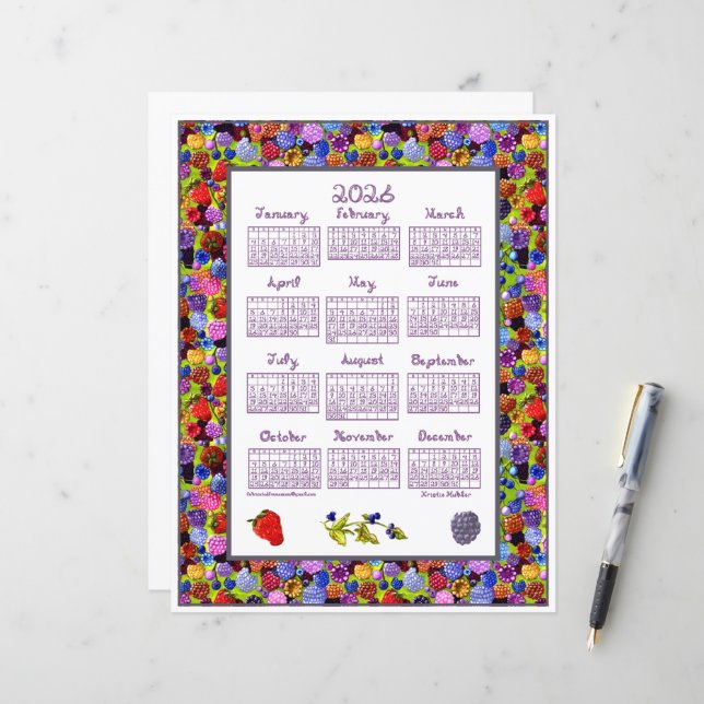 Calendário 2026 Frutas Arte Moldura Fonte de Tecid (Frente/Verso In Situ)