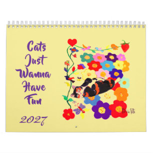 Calendário 2026 Gatos Só Querem se Divertir Arte de Gatos 